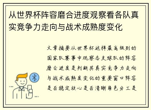 从世界杯阵容磨合进度观察看各队真实竞争力走向与战术成熟度变化